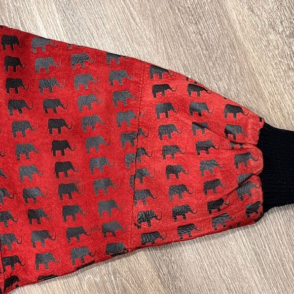 Vintage Suede Leather Jacket Womens Medium Red Elephant Print Oversized Bomber - Picture 13 of 16